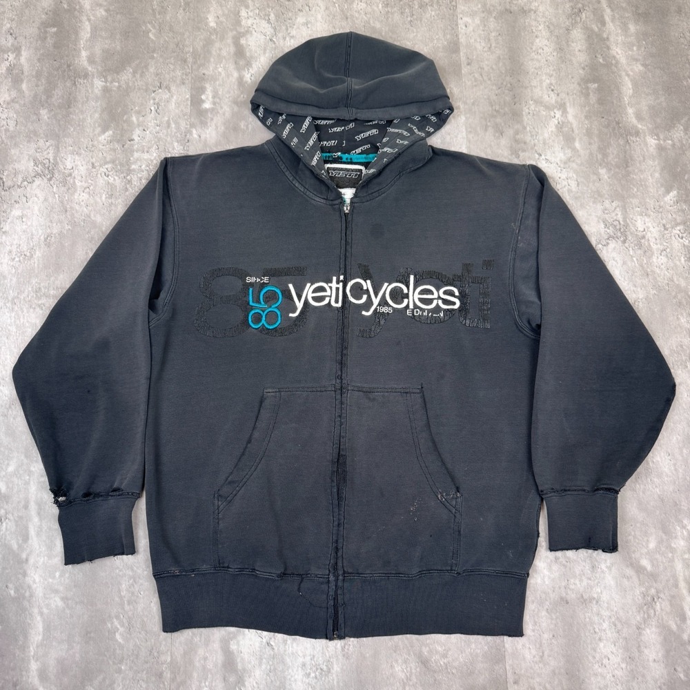 Vintage Yeti Cycles Hoodie Mens XS Black Full Zip Distressed Thrash Jacket Y2K